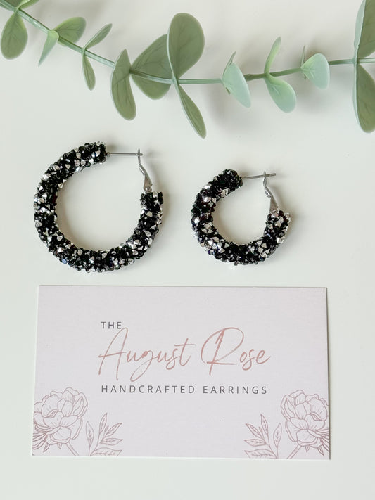 Sparkly hoops - black/silver (multiple sizes)